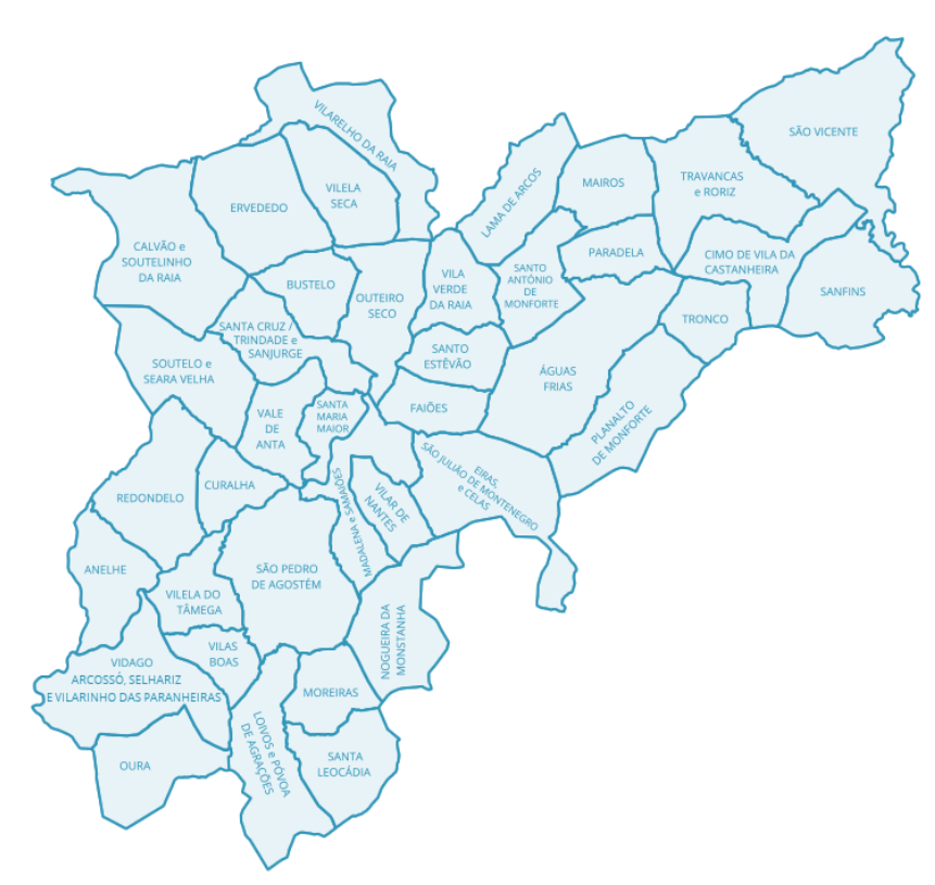 Mapa do Concelho de Chaves com indica&ccedil;&atilde;o das Freguesias (mais informa&ccedil;&atilde;o do lado esquerdo)